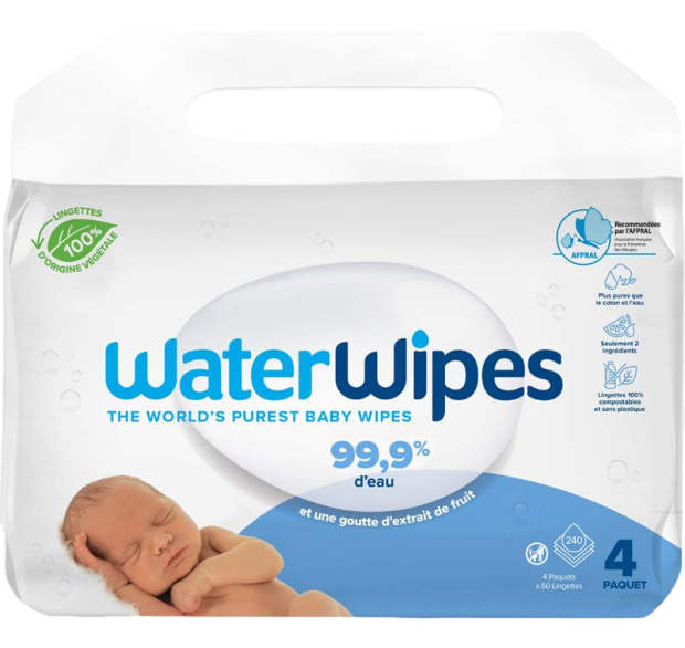  Waterwipes Lingettes bébé à l'eau, 4x60 lingettes Les lingettes WaterWipes sont formulées avec 99.9% d’eau purifiée et une goutte d’extrait de fruit. Idéales pour nettoyer la peau sensible des nouveaux nés et prématurés. Fabriquées à partir de fibres ren
