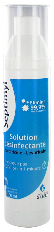 Septimyl Solution Désinfectante Chlorhexidine Aqueuse 0,5% 100 ml Gilbert Septimyl Solution Désinfectante Chlorhexidine Aqueuse 0,5% 100 ml est une solution qui élimine 99,9% des bactéries pour une action désinfectante de la peau saine. Elle agit en seul